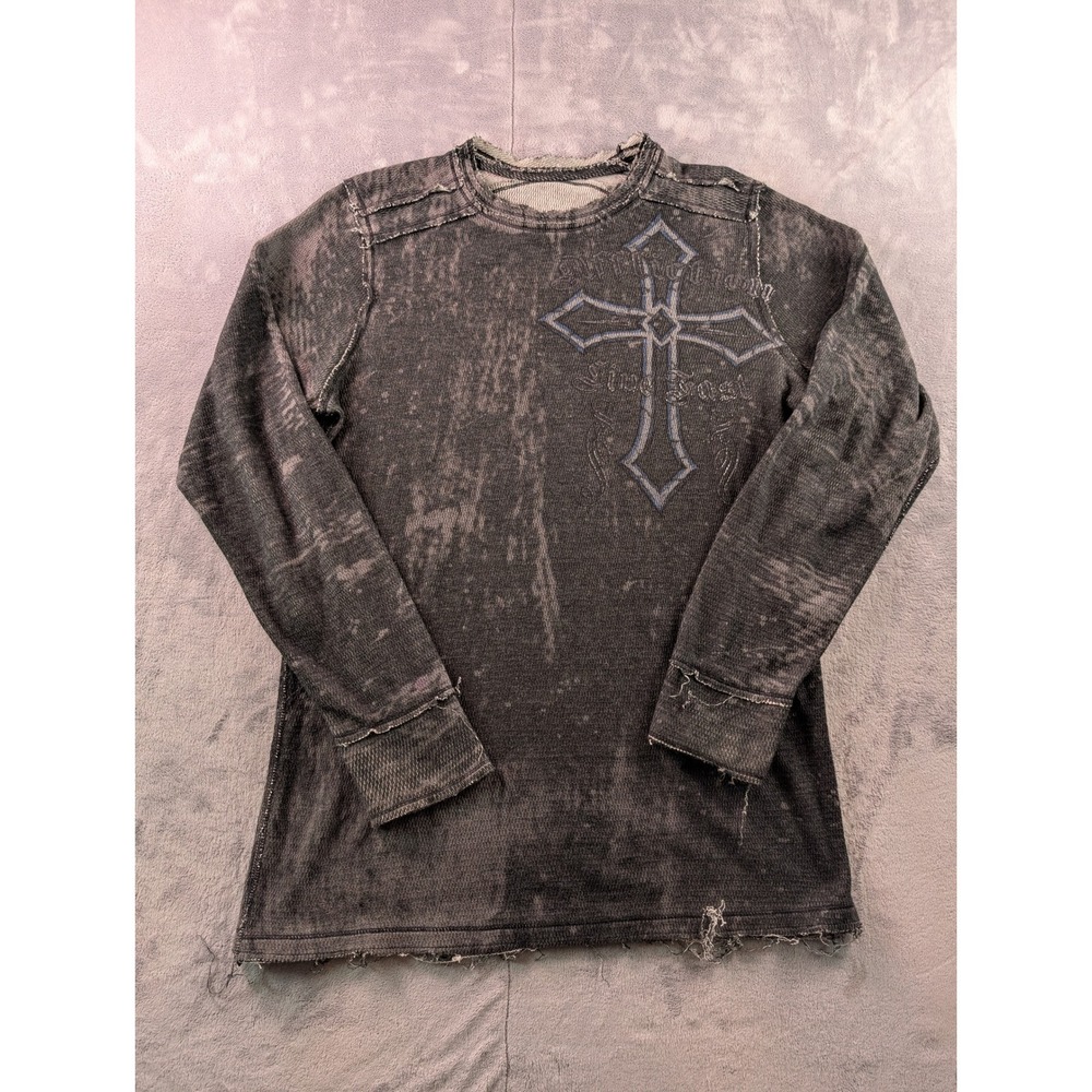 Affliction Reversible Men M Thermal Shirt Gray Acid Wash Cross Skull Long Sleeve